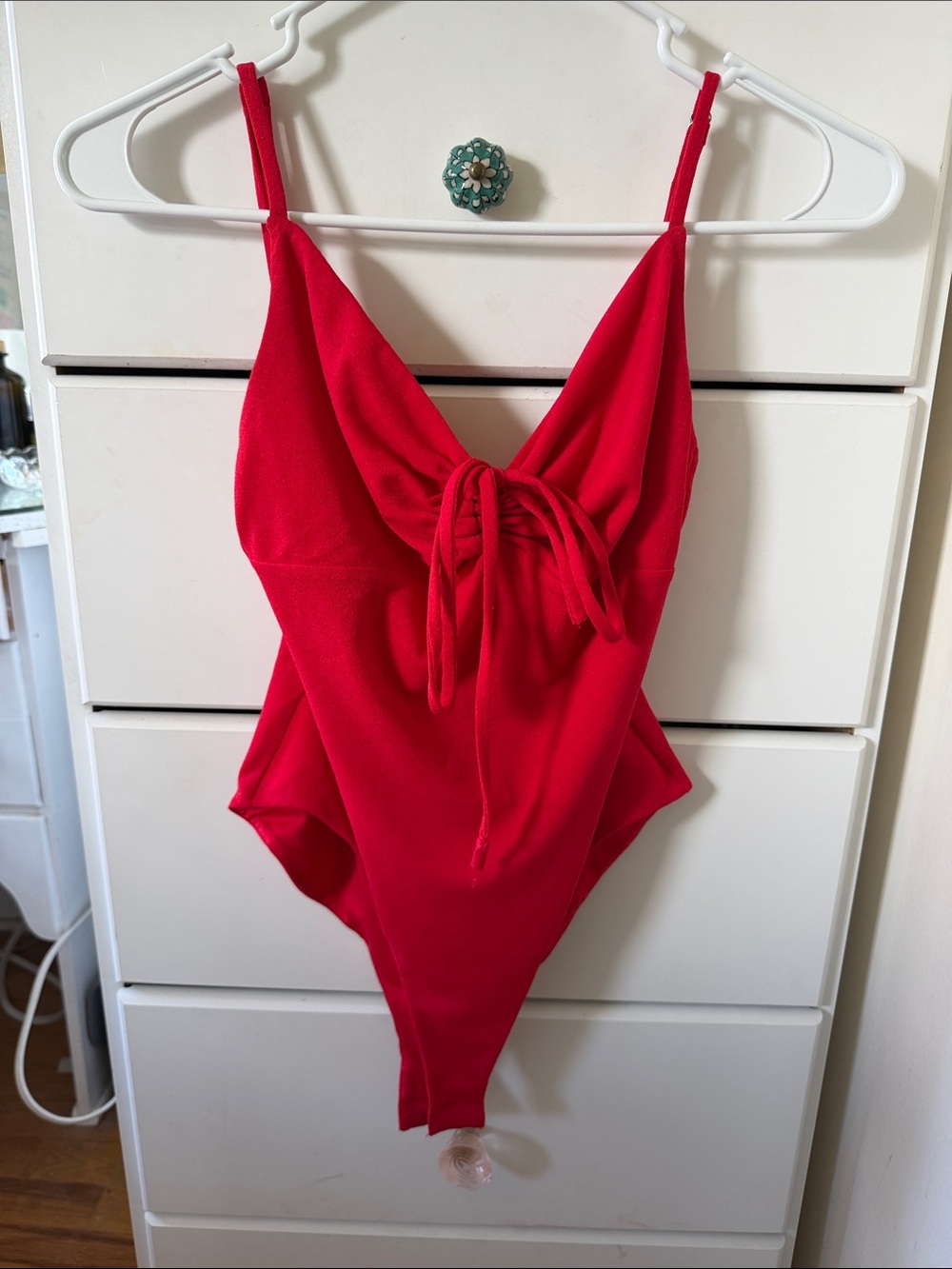 Tiger Mist Red V-Neck Tie-Front Bodysuit